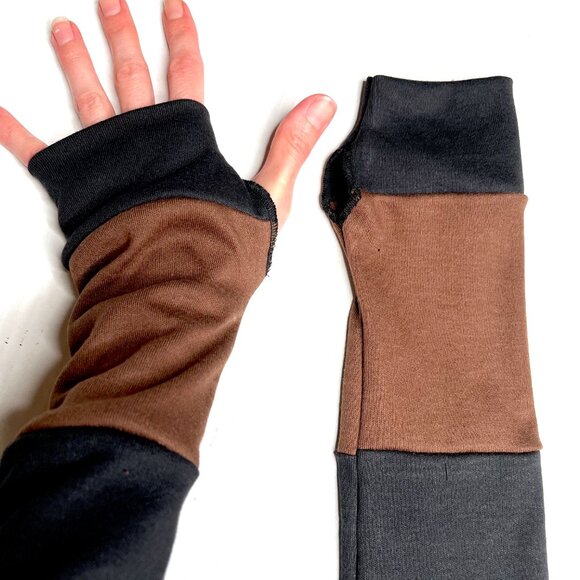 Long Striped Gloves Brown Hand Warmers Black Armwarmers Patchwork Sleeves Warm - Picture 3 of 7